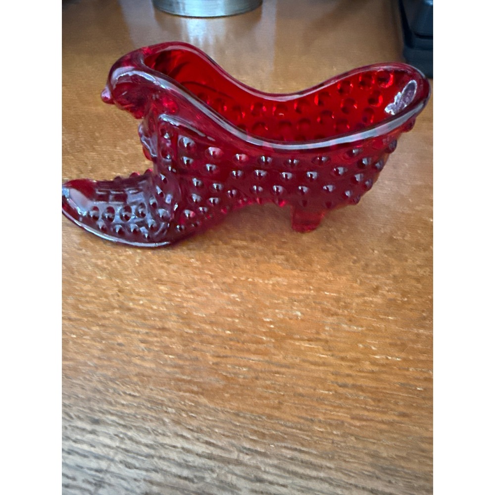 Fenton Ruby Red Amberina Hobnail Glass Shoe Cat Head Figurine Slipper Boot